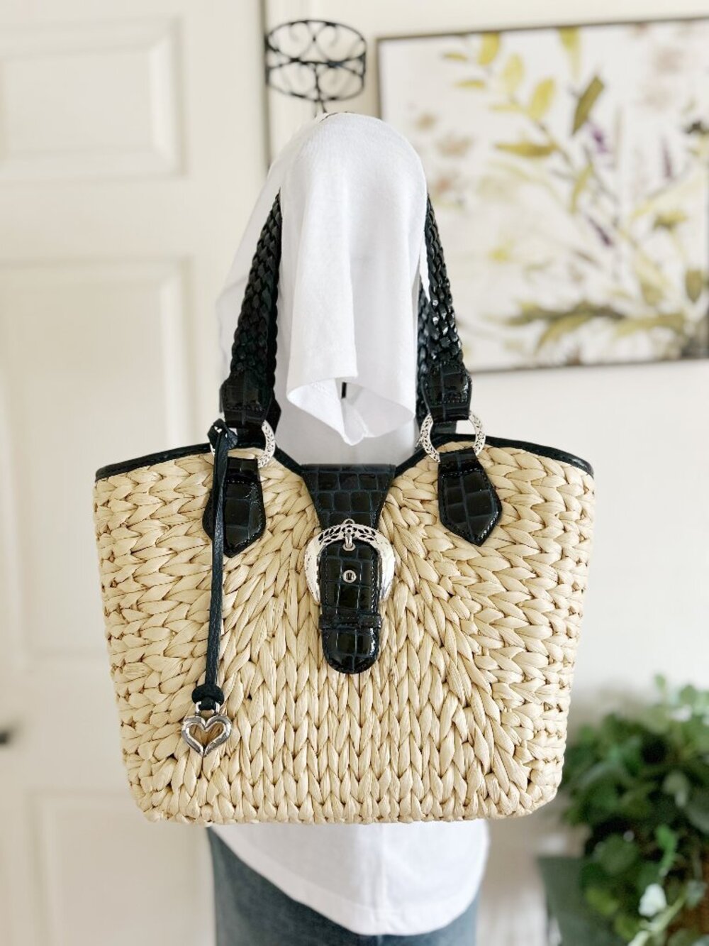 Brighton Natural Straw Tote with Black Croc-Texture Trim